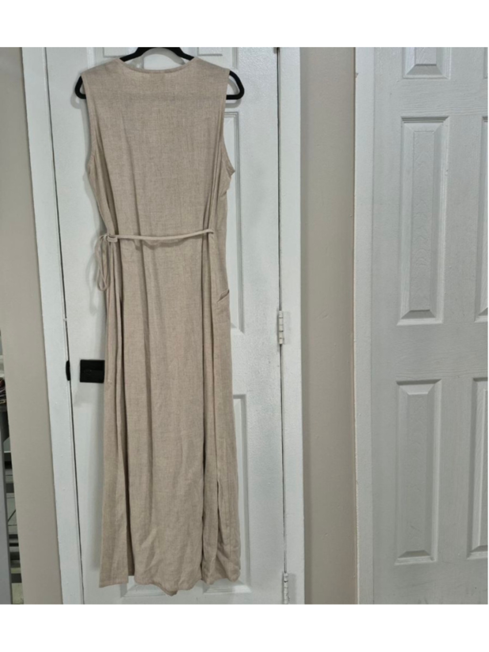 Women's vtg AKA Los Angeles Beige Linen Blend Sleeveless Wrap Maxi Dress XL - Picture 2 of 11